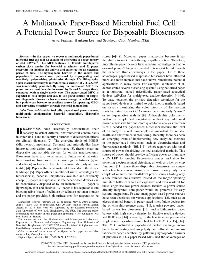 a multianode paper based microbial fuel cell a potential power source for disposable biosensors 1