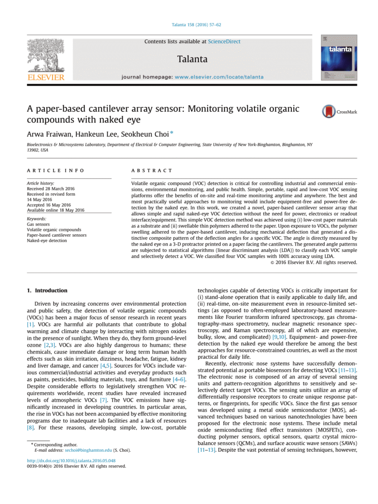 a paper based cantilever array sensor monitoring volatile organic compounds with naked eye 1